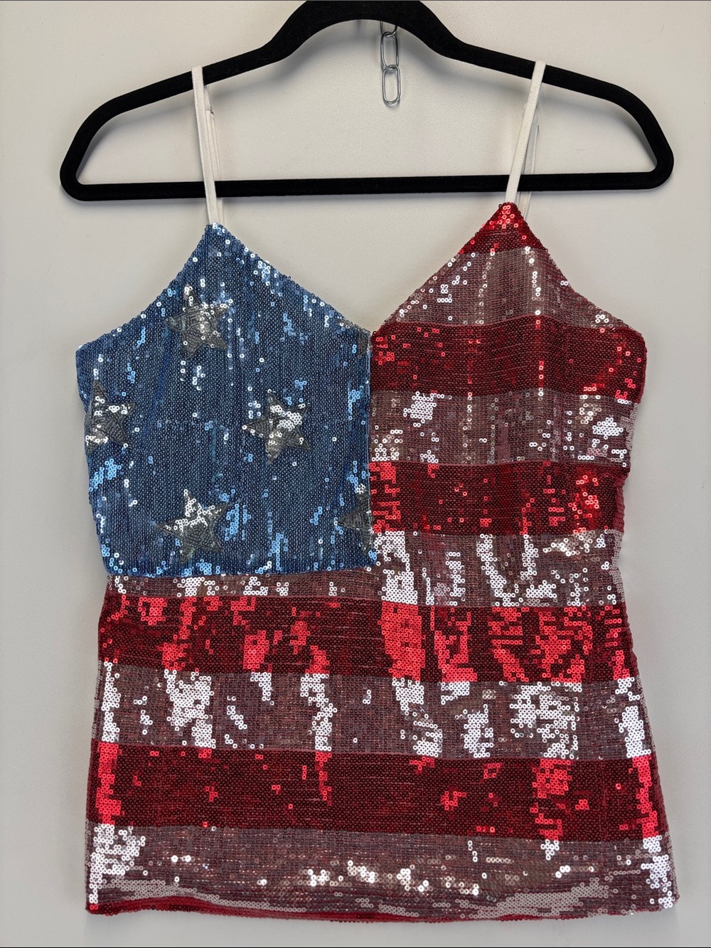 BIBI Sequin American Flag Tank Top USA Strappy 4th of July Patriotic Size Small